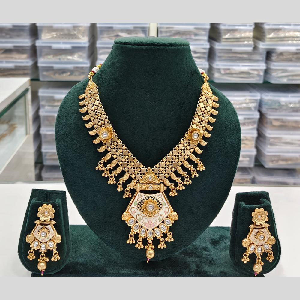 Rajwadi Collection Grand Look Pota Stone And Pearl Meenakari Necklace Set