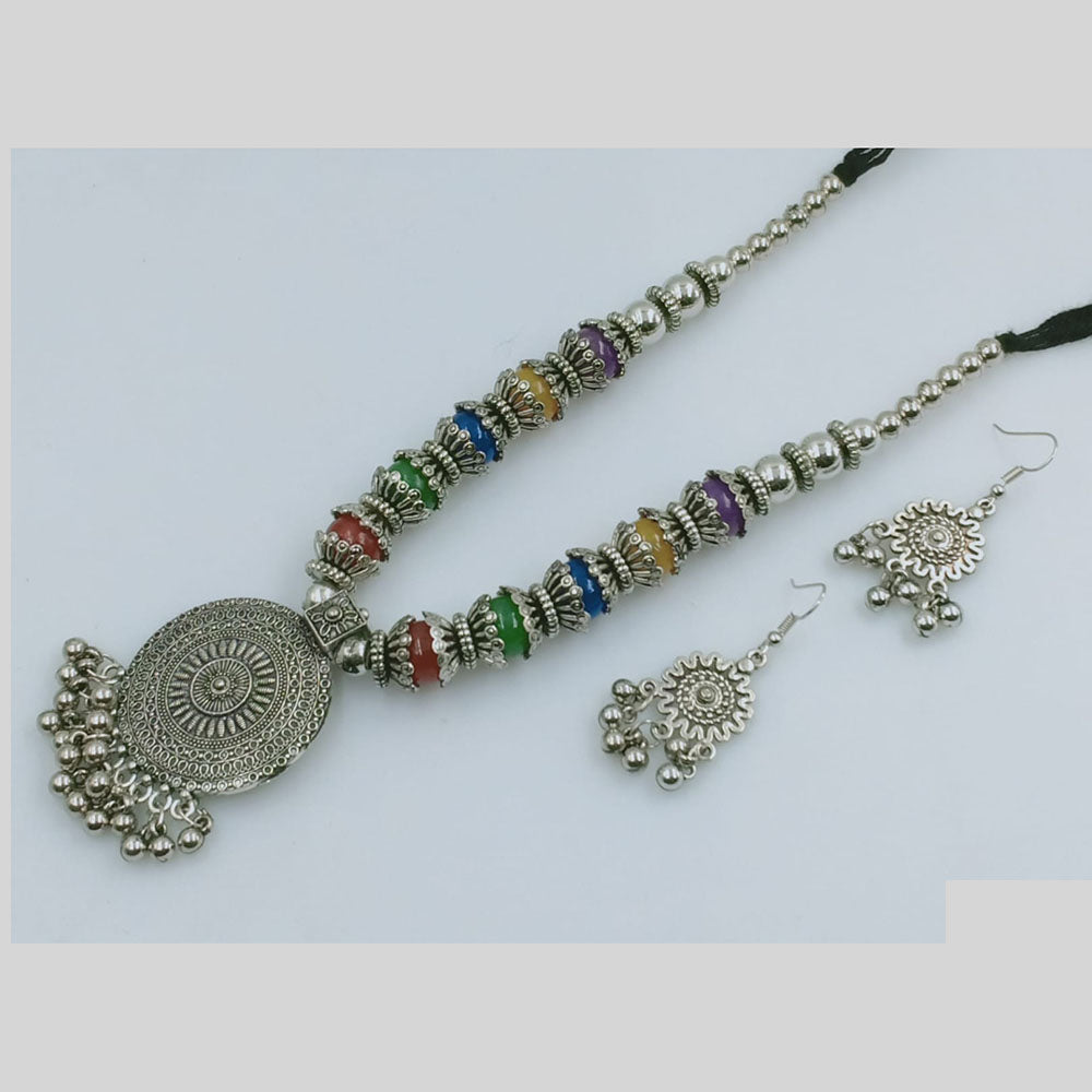 Rajwadi Collection Designer Oxidised Mirror And Colorful Pom Pom Necklace Set