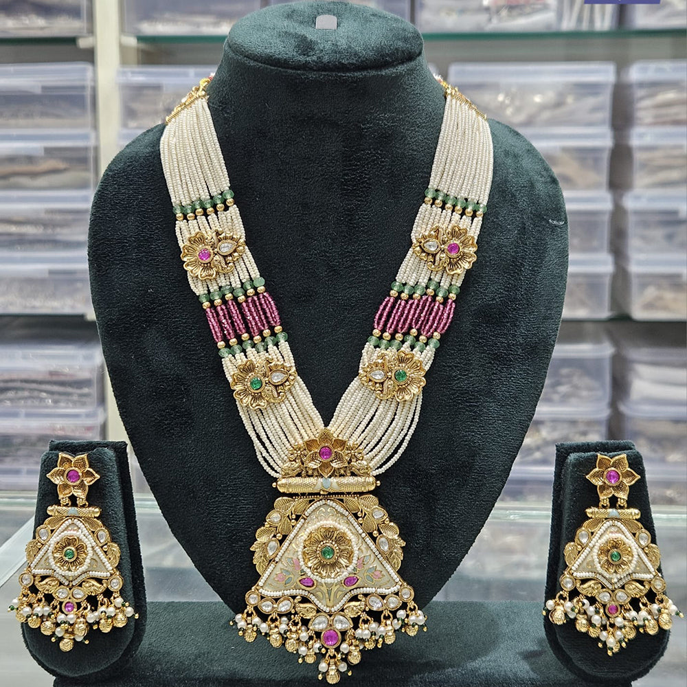 Rajwadi Collection Majestic Pota Stone Pearl And Meenakari Long Necklace Set