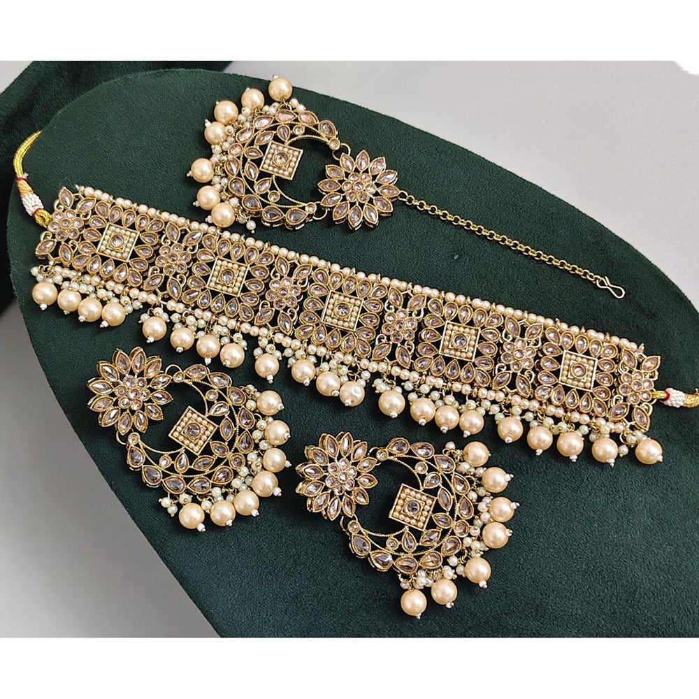 Rajwadi Collection Luxury Crystal Stone Pearl And Beads Choker Necklace Set