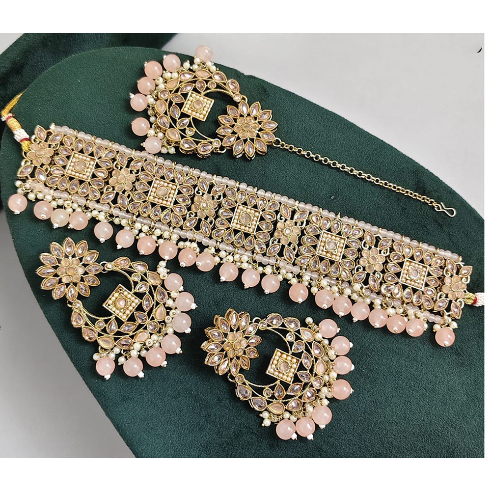 Rajwadi Collection Luxury Crystal Stone Pearl And Beads Choker Necklace Set