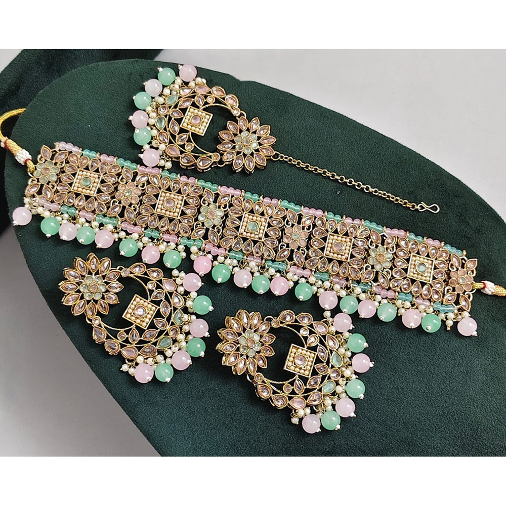 Rajwadi Collection Luxury Crystal Stone Pearl And Beads Choker Necklace Set