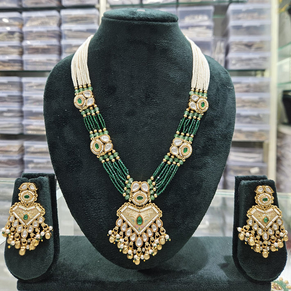 Rajwadi Collection Exclusive Pota Stone And Pearl Meenakari Long Necklace Set