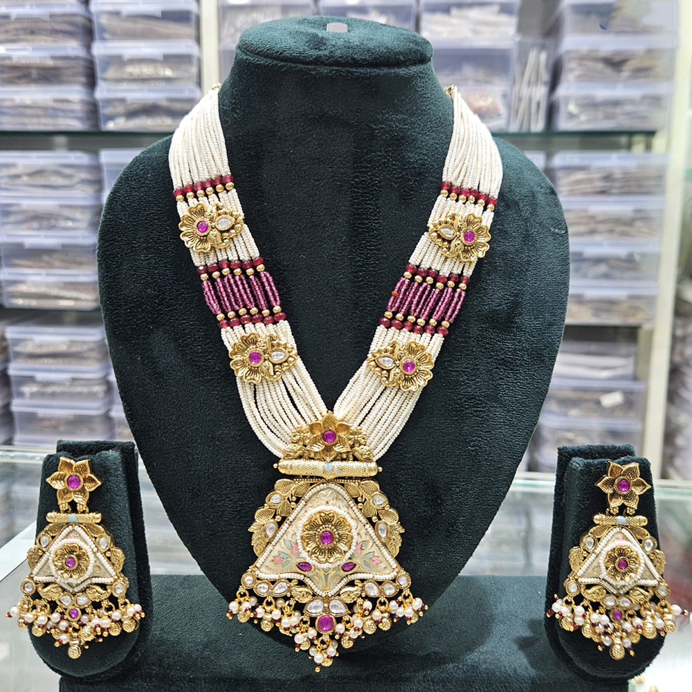 Rajwadi Collection Exclusive Pota Stone And Pearl Meenakari Long Necklace Set