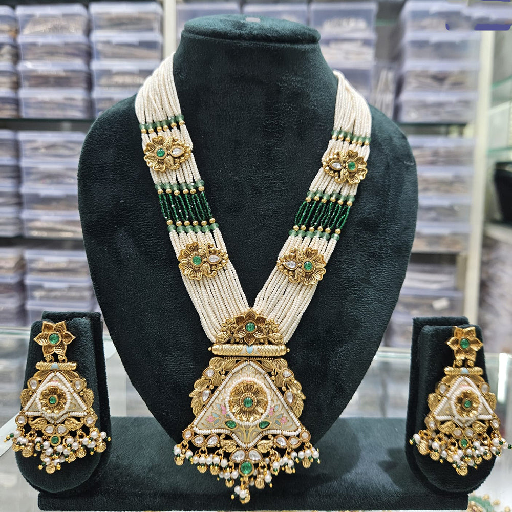 Rajwadi Collection Exclusive Pota Stone And Pearl Meenakari Long Necklace Set