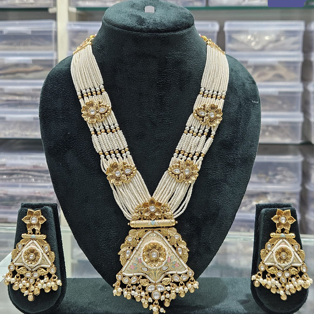 Rajwadi Collection Exclusive Pota Stone And Pearl Meenakari Long Necklace Set