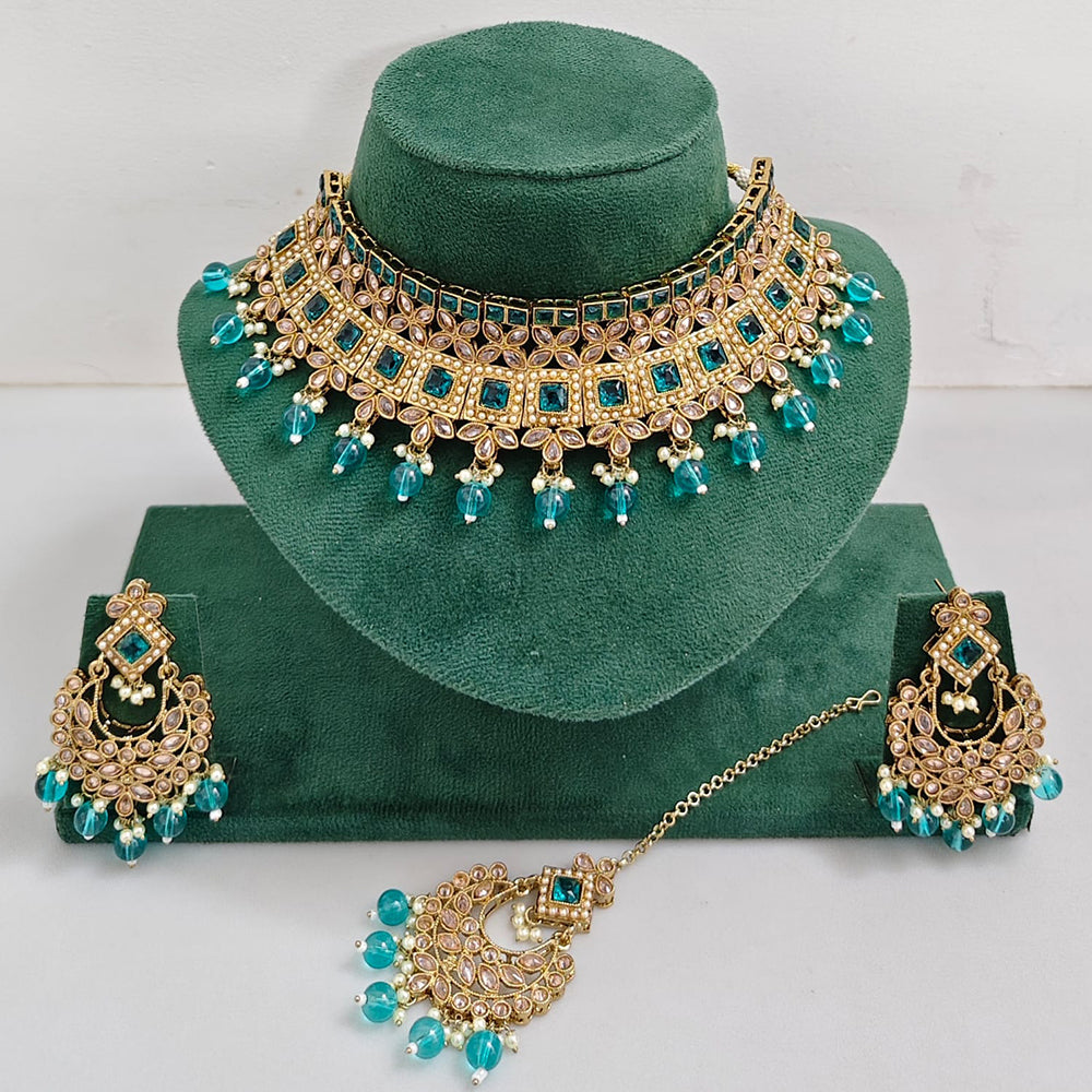 Rajwadi Collection Sparkling Crystal Pearl And Beads Choker Necklace Set