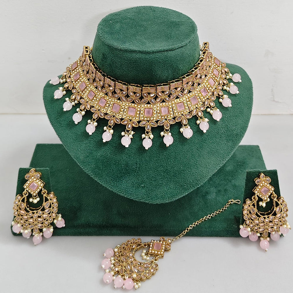 Rajwadi Collection Sparkling Crystal Pearl And Beads Choker Necklace Set