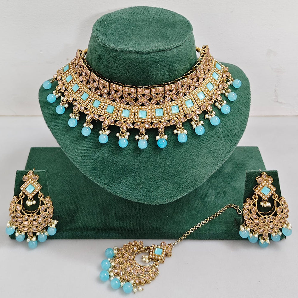 Rajwadi Collection Sparkling Crystal Pearl And Beads Choker Necklace Set