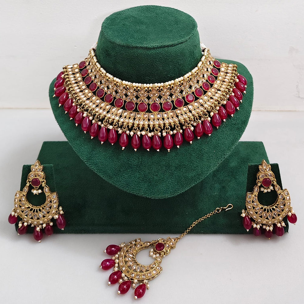 Rajwadi Collection Sparkling Crystal Pearl And Beads Choker Necklace Set