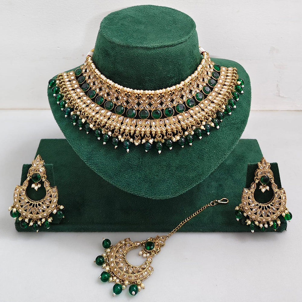 Rajwadi Collection Sparkling Crystal Pearl And Beads Choker Necklace Set