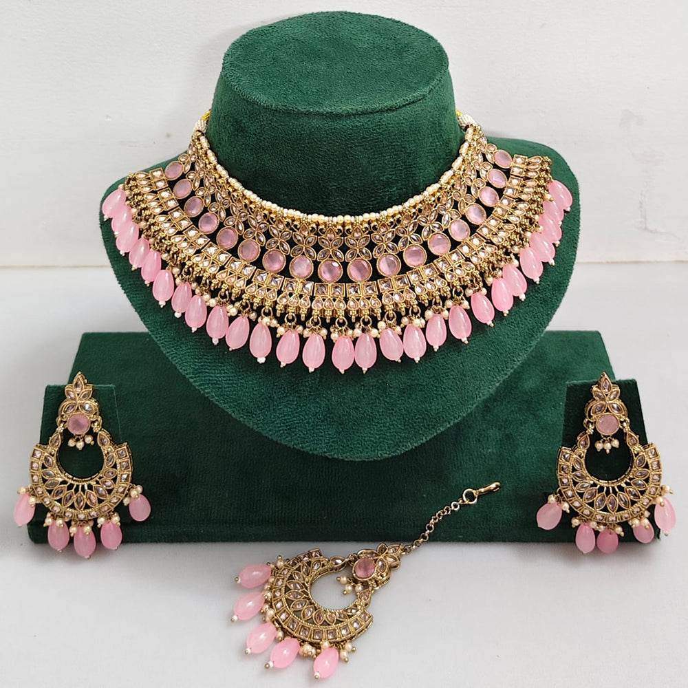 Rajwadi Collection Sparkling Crystal Pearl And Beads Choker Necklace Set