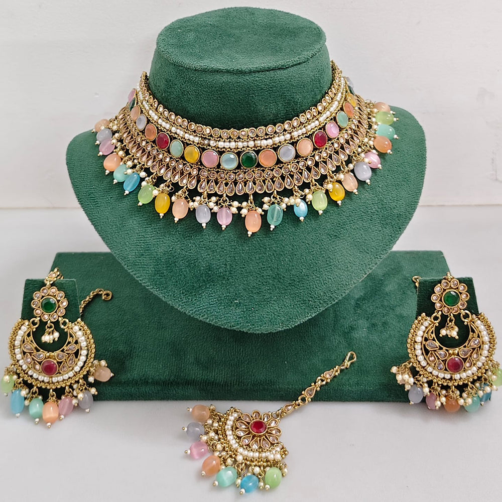 Rajwadi Collection Sparkling Crystal Pearl And Beads Choker Necklace Set