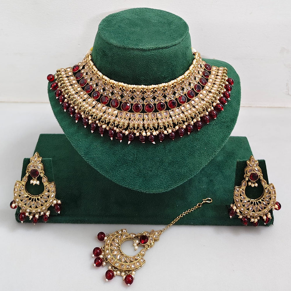 Rajwadi Collection Sparkling Crystal Pearl And Beads Choker Necklace Set