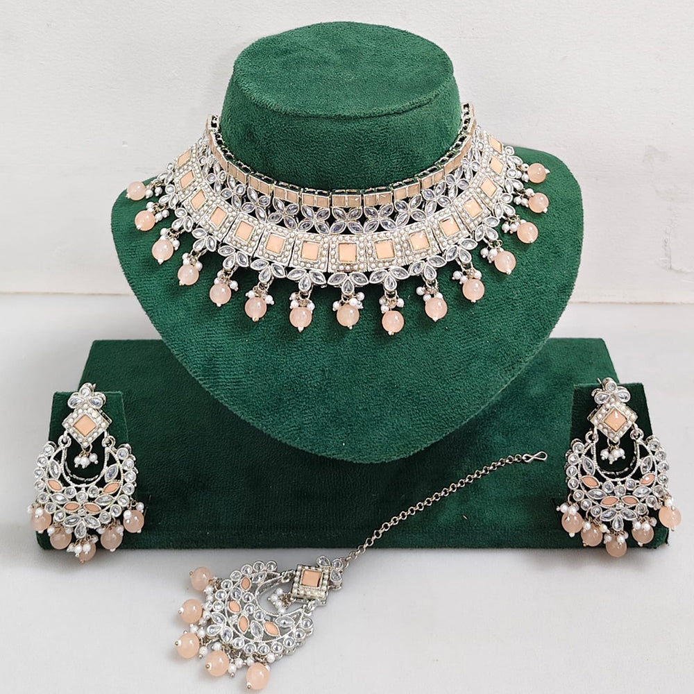 Rajwadi Collection Sparkling Crystal Pearl And Beads Choker Necklace Set