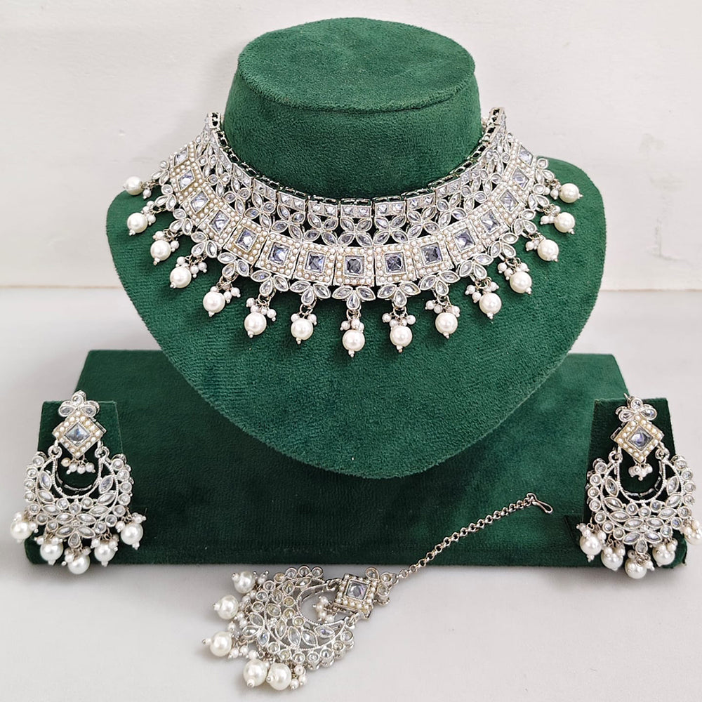 Rajwadi Collection Sparkling Crystal Pearl And Beads Choker Necklace Set