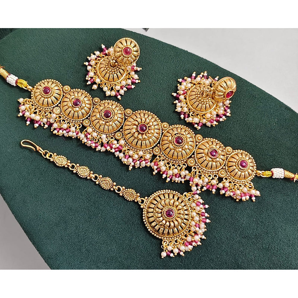 Rajwadi Collection Sparkling Pota Stone And Pearl Choker Necklace Set