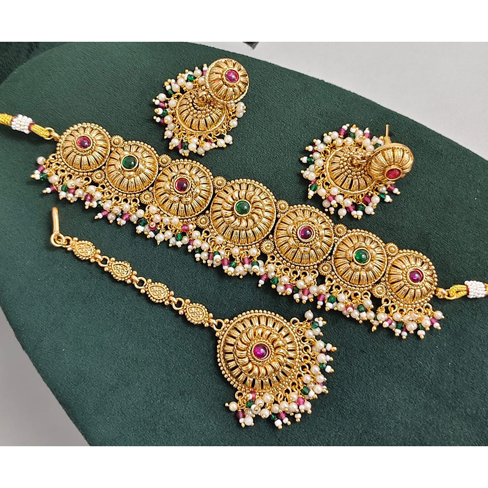 Rajwadi Collection Sparkling Pota Stone And Pearl Choker Necklace Set