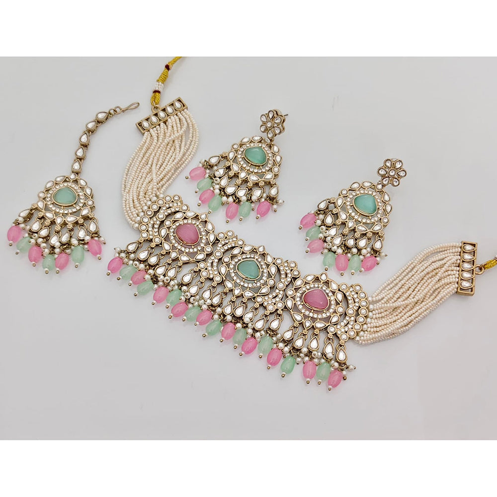 Rajwadi Collection Luxury Kundan Stone Pearl And Beaded Choker Necklace Set