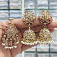 Rajwadi Collection Royal Heritage Crystal And Pearl Jhumki Earrings With Maangtikka