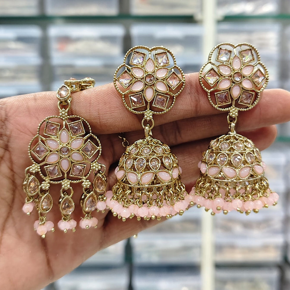 Rajwadi Collection Royal Heritage Crystal And Pearl Jhumki Earrings With Maangtikka