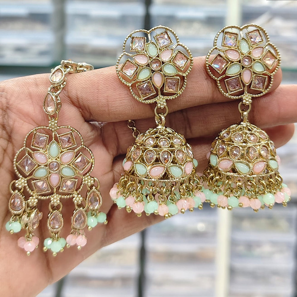 Rajwadi Collection Royal Heritage Crystal And Pearl Jhumki Earrings With Maangtikka