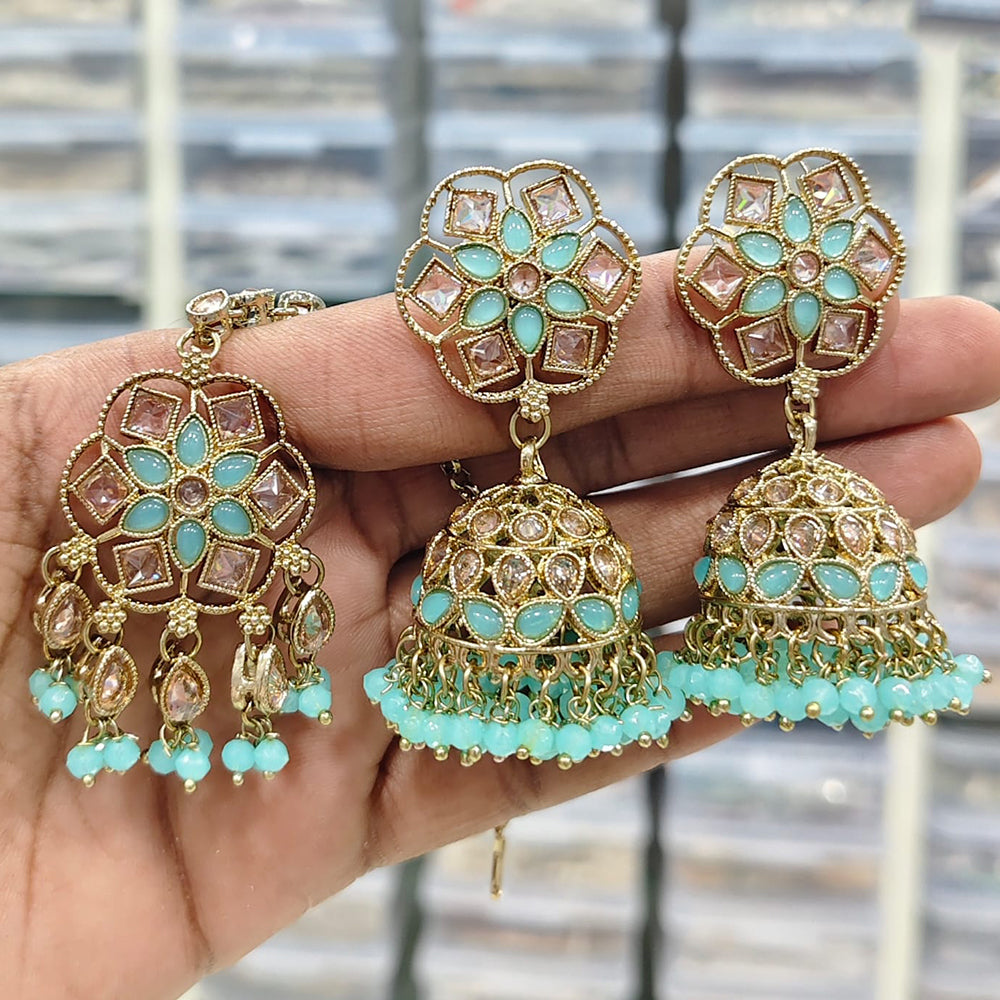 Rajwadi Collection Royal Heritage Crystal And Pearl Jhumki Earrings With Maangtikka