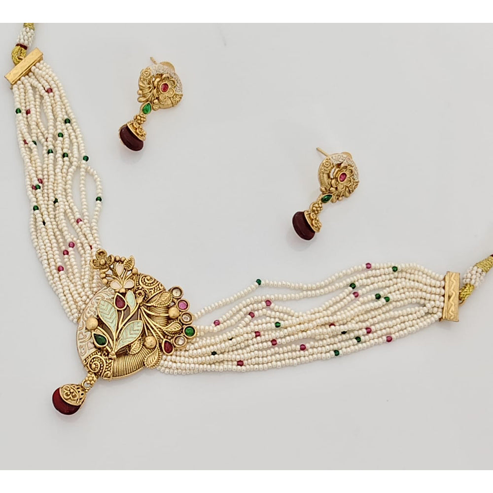 Rajwadi Collection Premium Pota Stone And Pearl Meenakari Ethnic Necklace Set