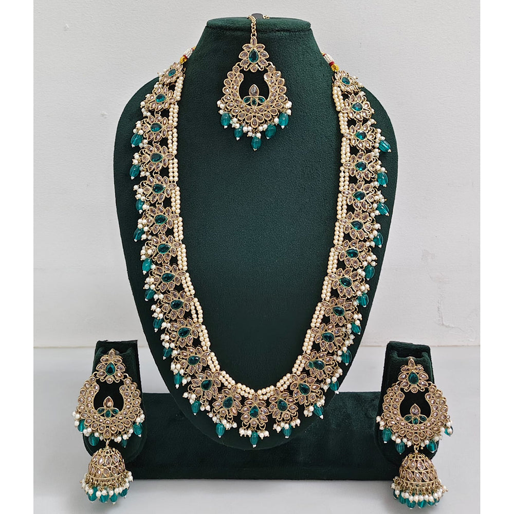 Rajwadi Collection Sparkling Crystal Stone And Pearl Long Necklace Set