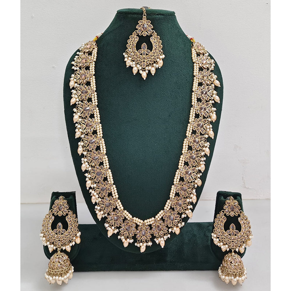 Rajwadi Collection Sparkling Crystal Stone And Pearl Long Necklace Set