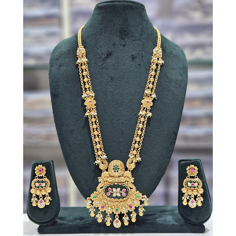 Rajwadi Collection Premium Pota Stone And Pearl Ethnic Long Necklace Set