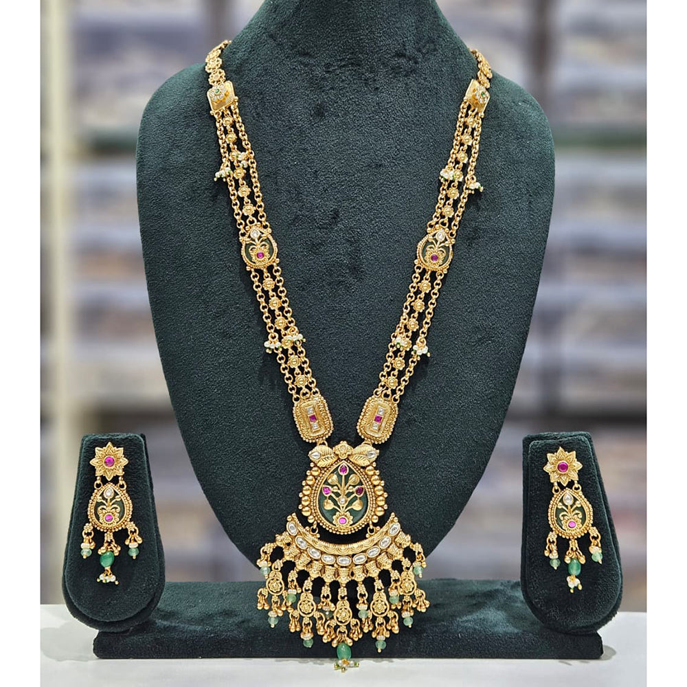 Rajwadi Collection Premium Pota Stone And Pearl Ethnic Long Necklace Set