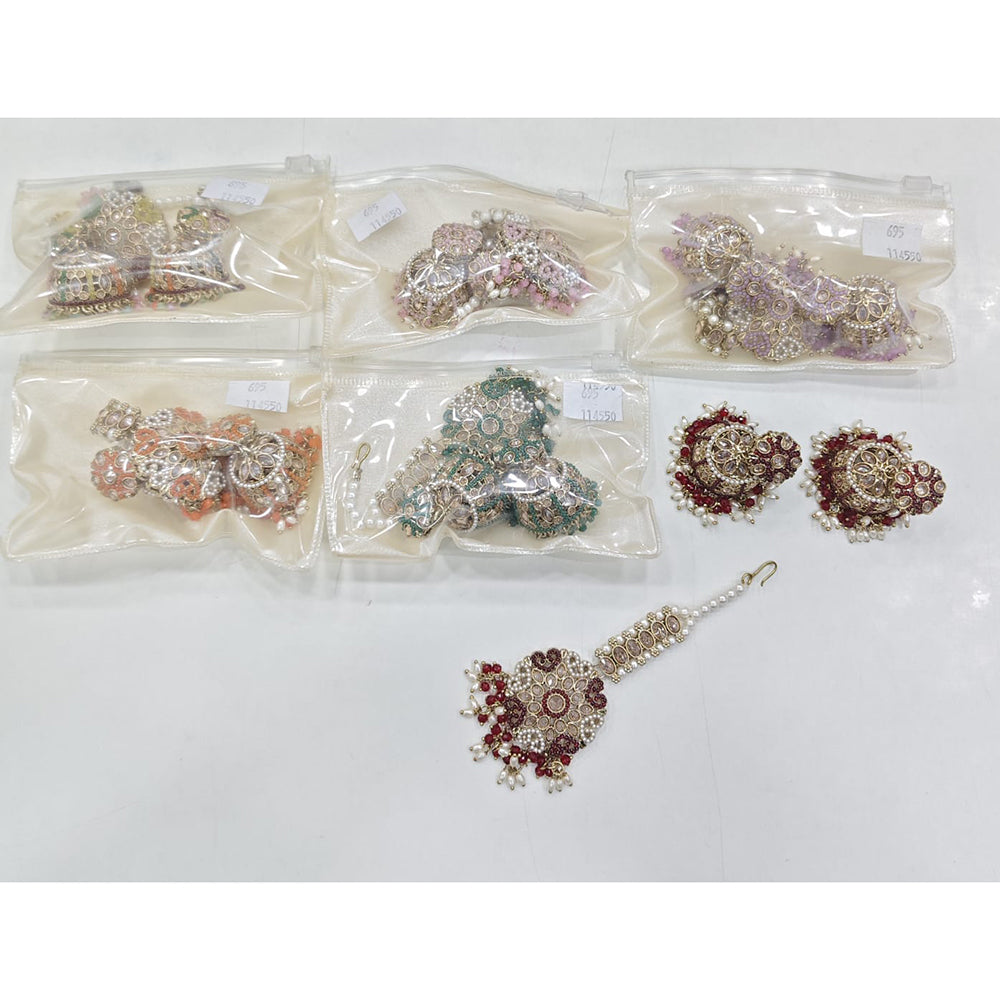 Rajwadi Collection Premium Shine Crystal And Pearl Jhumki Earrings With Maangtikka