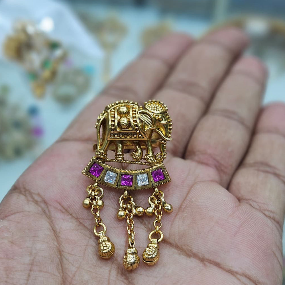 Rajwadi Collection Antique Finish Pota Stone And Pearl Elephant Motif Ring
