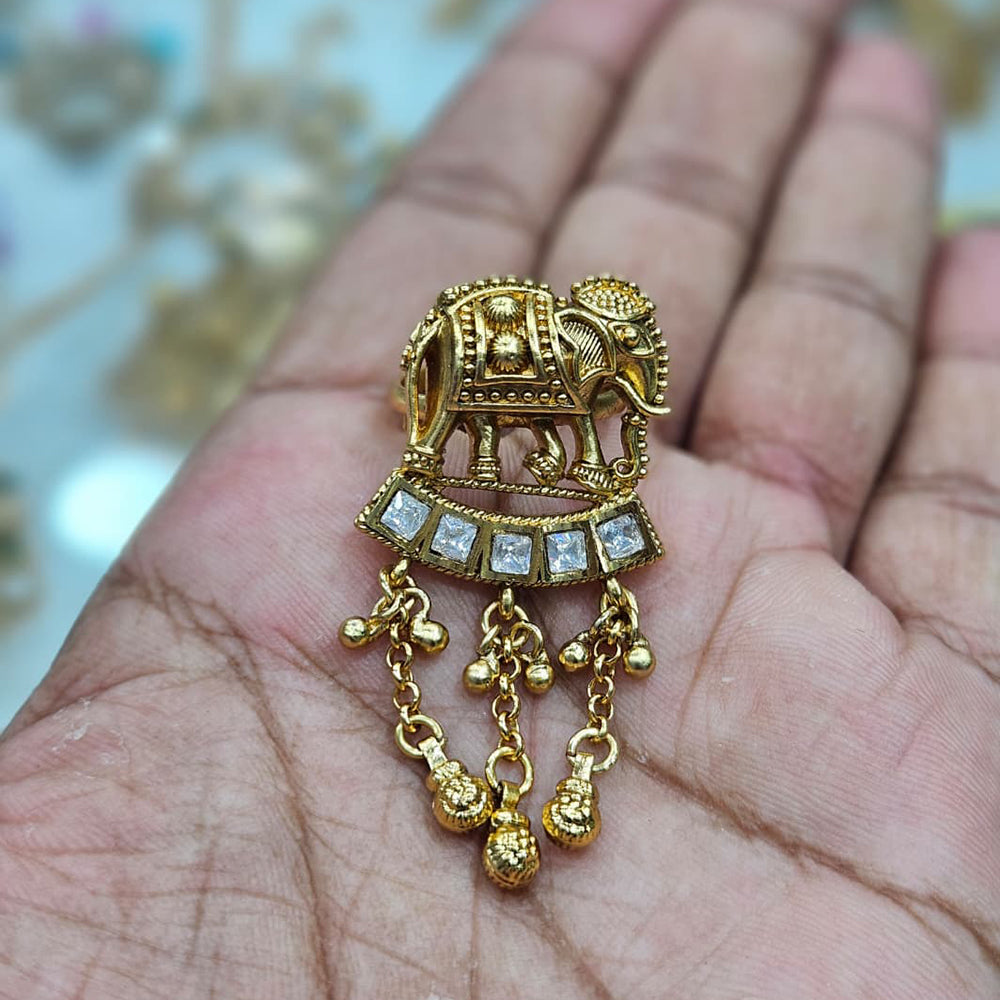 Rajwadi Collection Antique Finish Pota Stone And Pearl Elephant Motif Ring