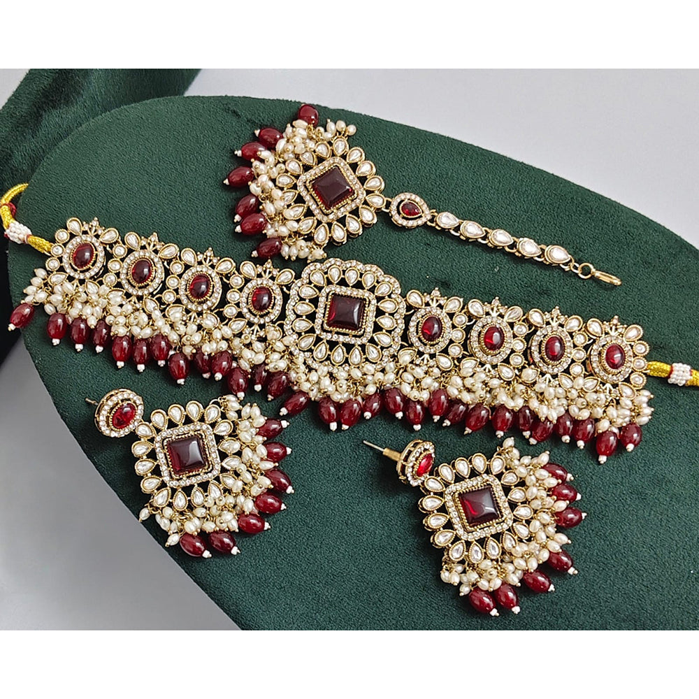 Rajwadi Collection Crystal Stone Pearl And Beads Choker Necklace Set