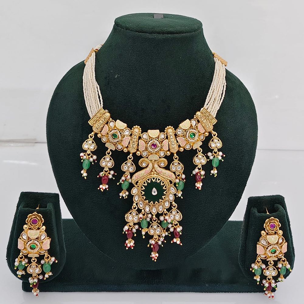 Rajwadi Collection Premium Quality Pota Stone And Pearl Meenakari Necklace Set
