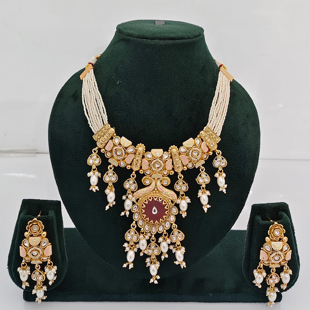 Rajwadi Collection Premium Quality Pota Stone And Pearl Meenakari Necklace Set