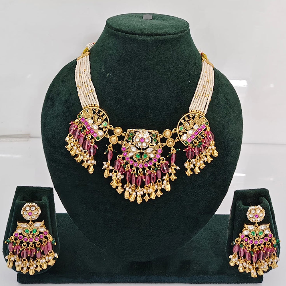 Rajwadi Collection Premium Quality Pota Stone And Pearl Necklace Set