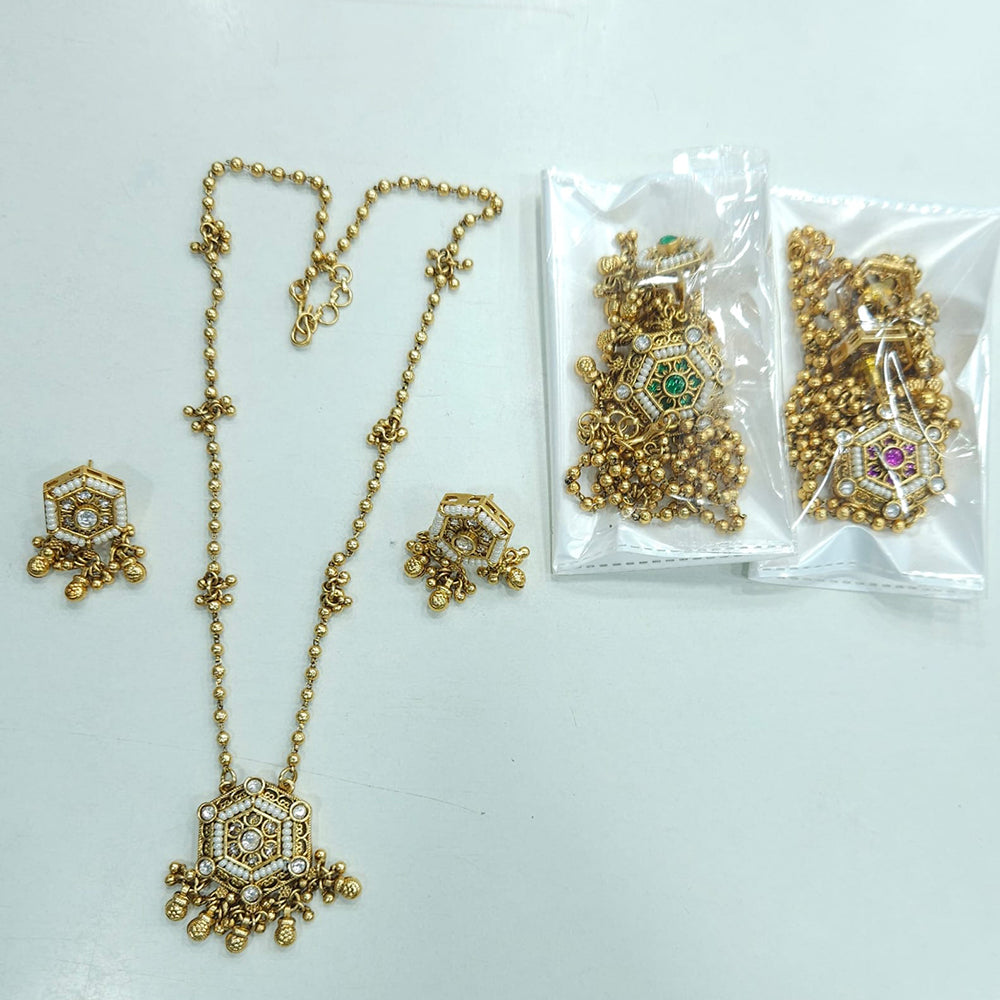 Rajwadi Collection Premium Quality Pota Stone And Pearl Long Necklace Set