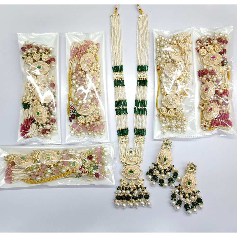 Rajwadi Collection Royal Pota Stone Pearl And Beads Meenakari Long Necklace Set