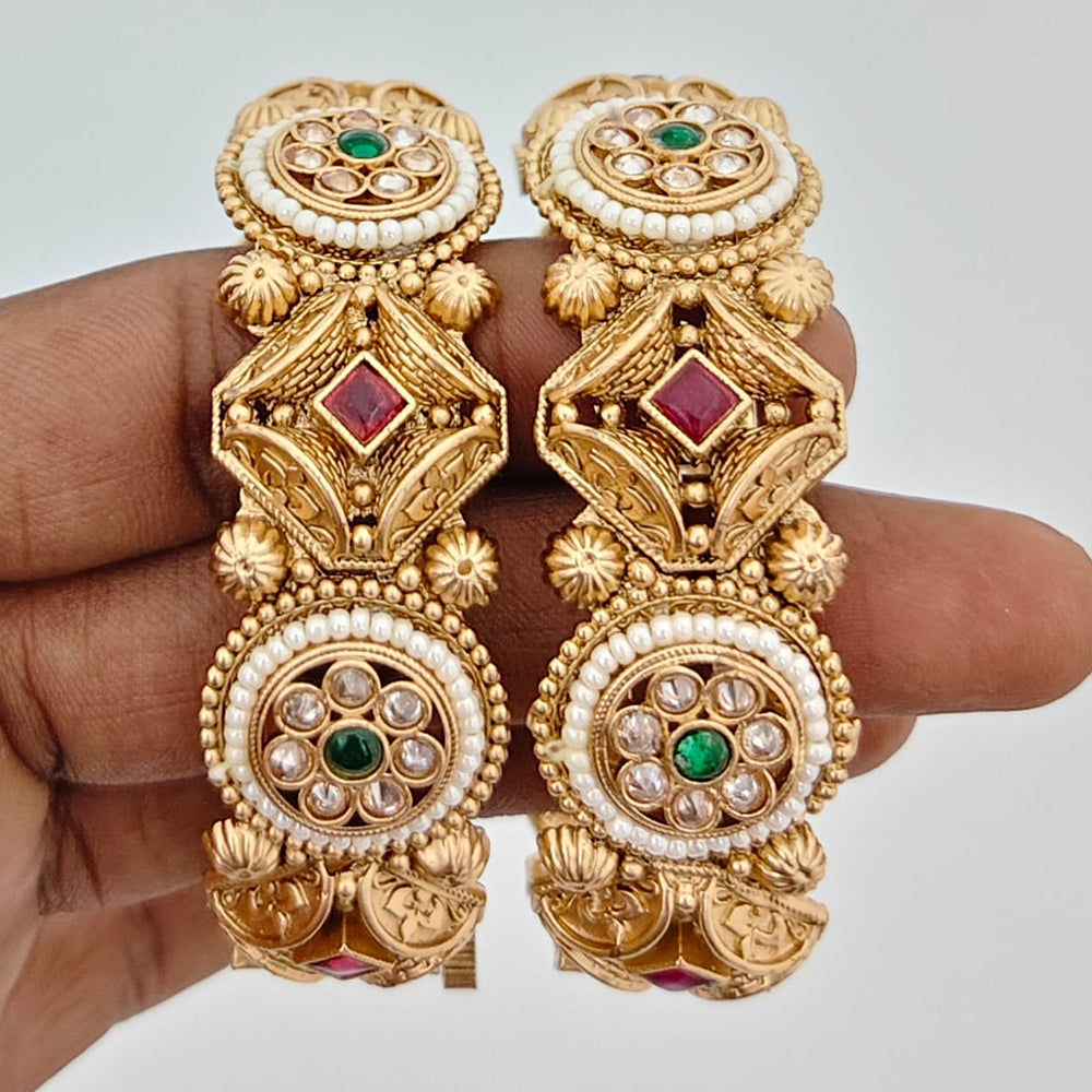 Rajwadi Collection Heritage Pota Stone And Pearl Openable Bangles Set