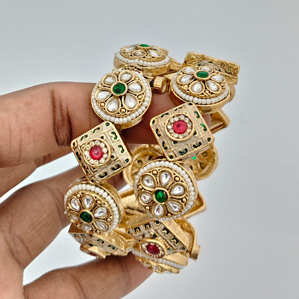 Rajwadi Collection Heritage Pota Stone And Pearl Meenakari Openable Bangles Set
