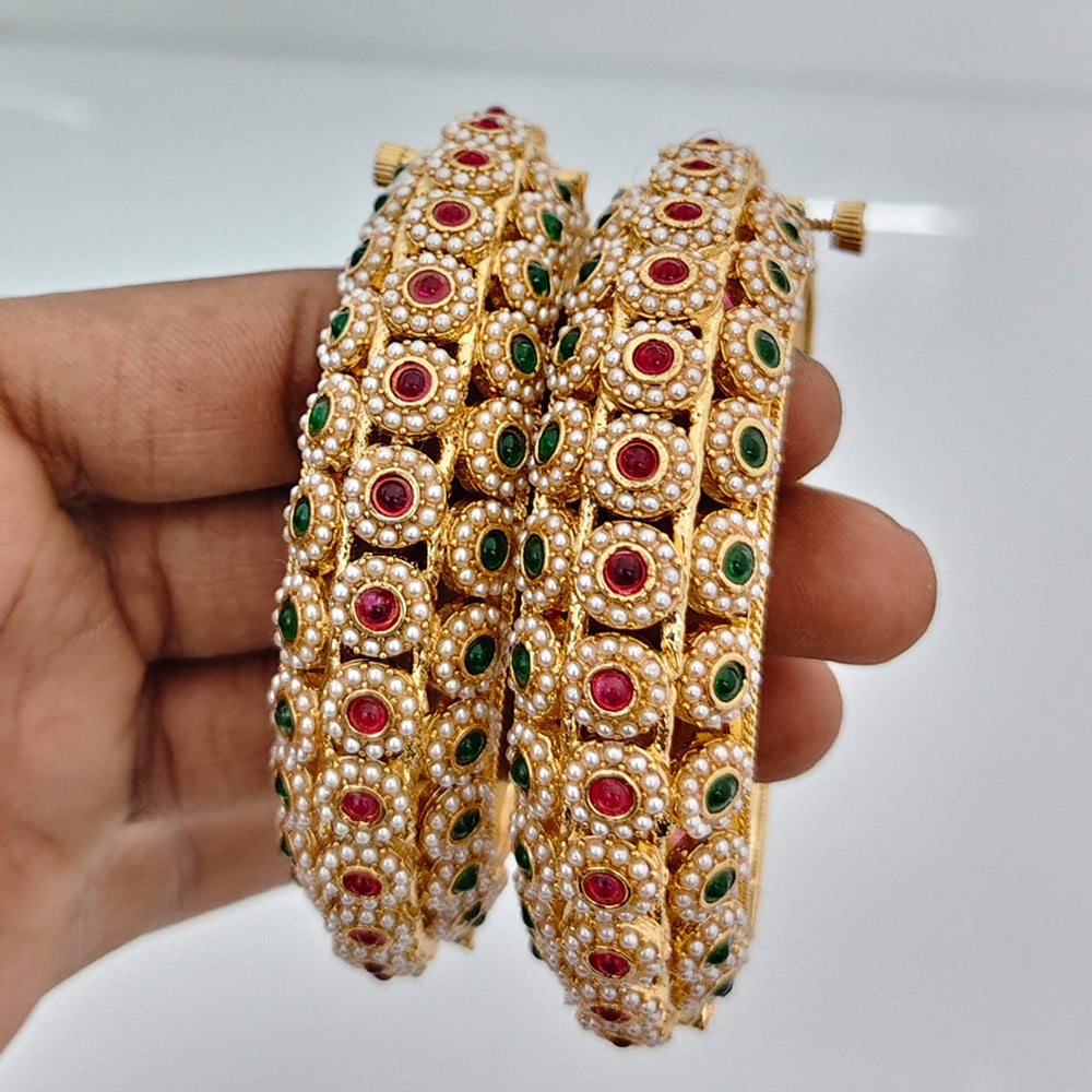 Rajwadi Collection Heritage Pota Stone And Pearl Openable Bangles Set