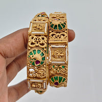 Rajwadi Collection Heritage Pota Stone And Pearl Temple Bangles Set 