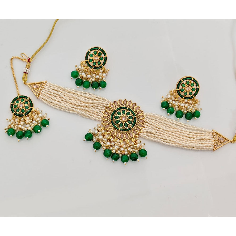 Rajwadi Collection Classic Crystal Stone Pearl And Beaded Choker Necklace Set