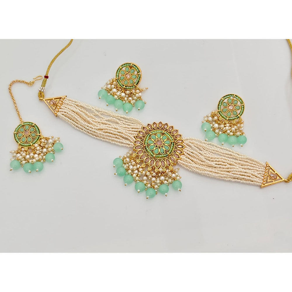 Rajwadi Collection Classic Crystal Stone Pearl And Beaded Choker Necklace Set