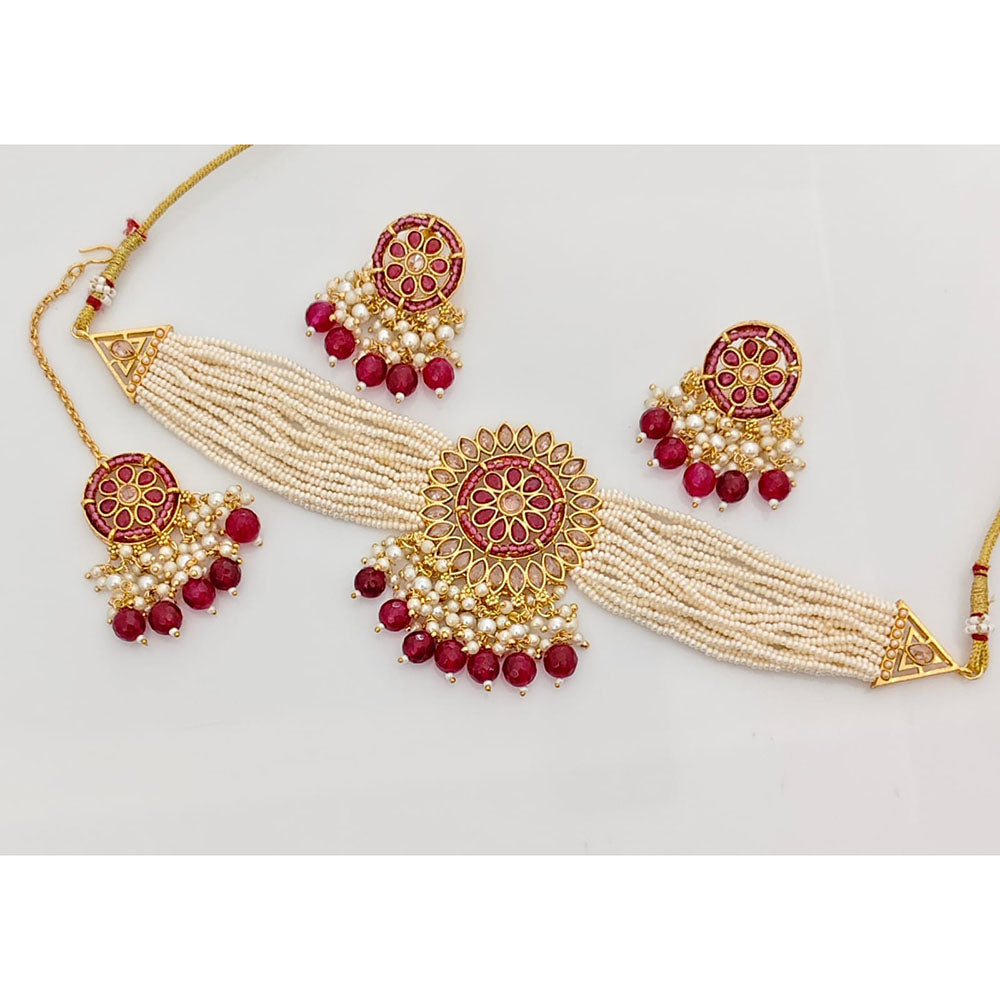 Rajwadi Collection Classic Crystal Stone Pearl And Beaded Choker Necklace Set