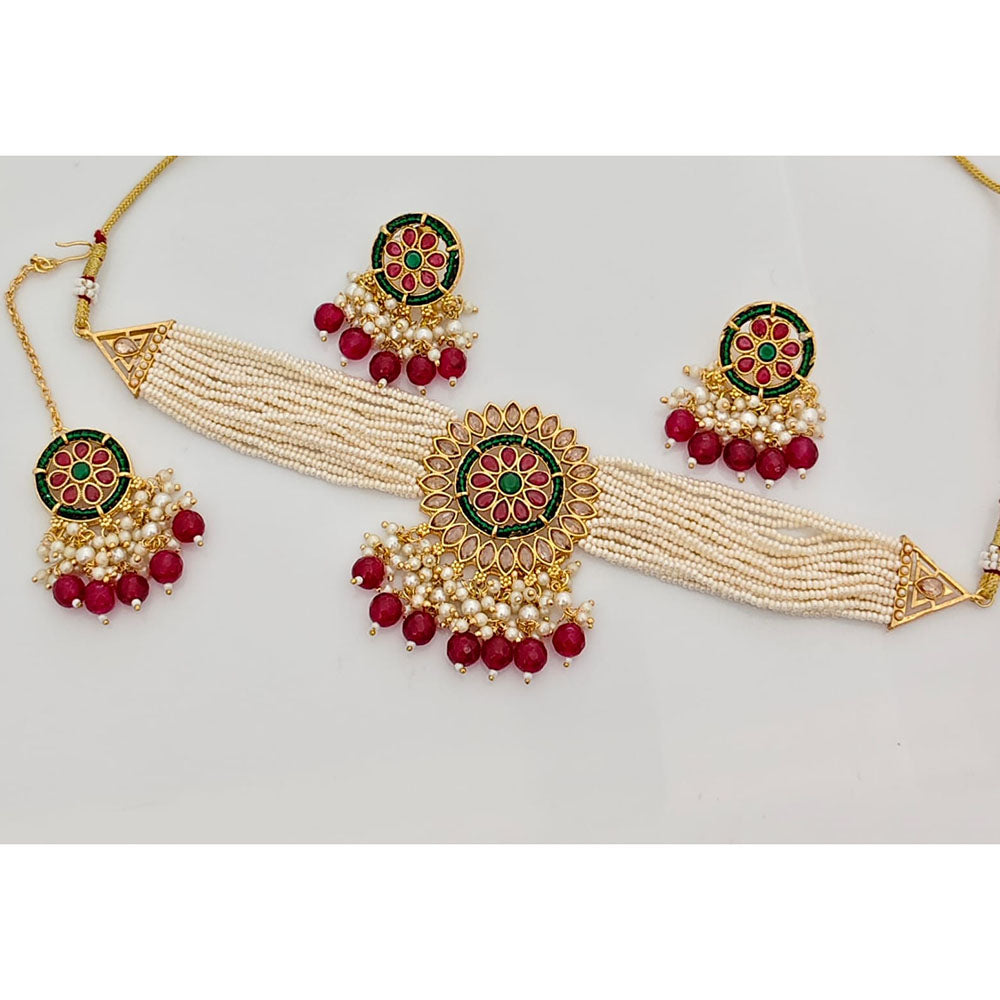 Rajwadi Collection Classic Crystal Stone Pearl And Beaded Choker Necklace Set