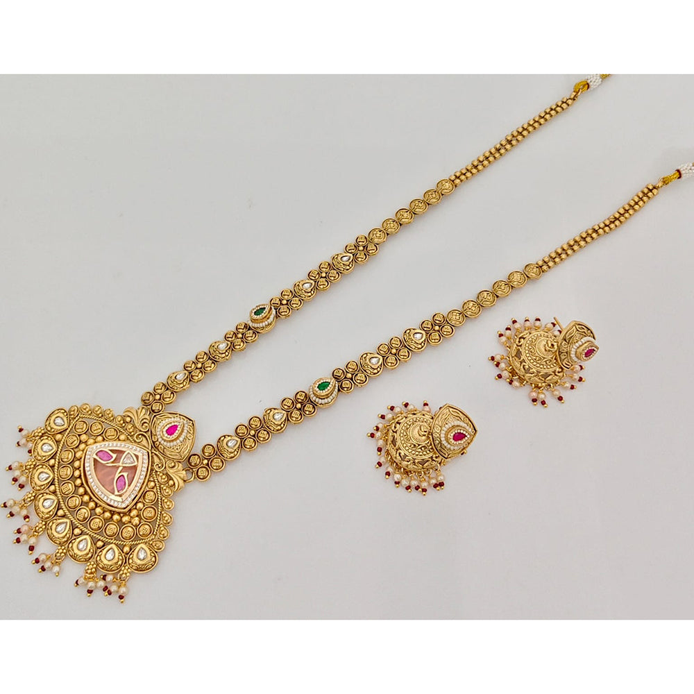 Rajwadi Collection Traditional Pota Stone And Pearl Long Necklace Set